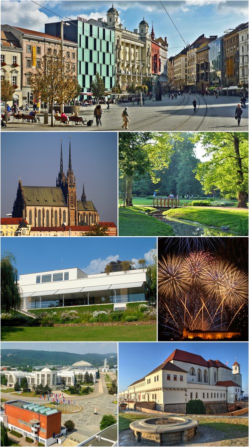 Brno — koláž městských pohledů (náměstí Svobody, Petrov, parky, hrad Špilberk)