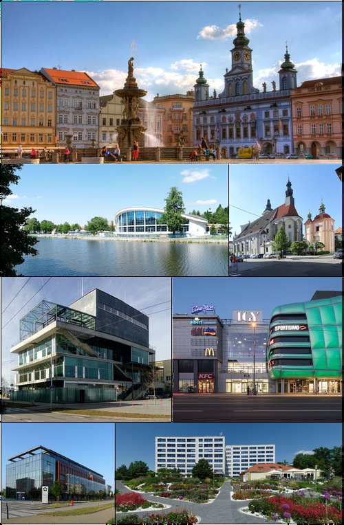 České Budějovice — koláž (náměstí Přemysla Otakara II., Sokolský ostrov, moderní budovy)