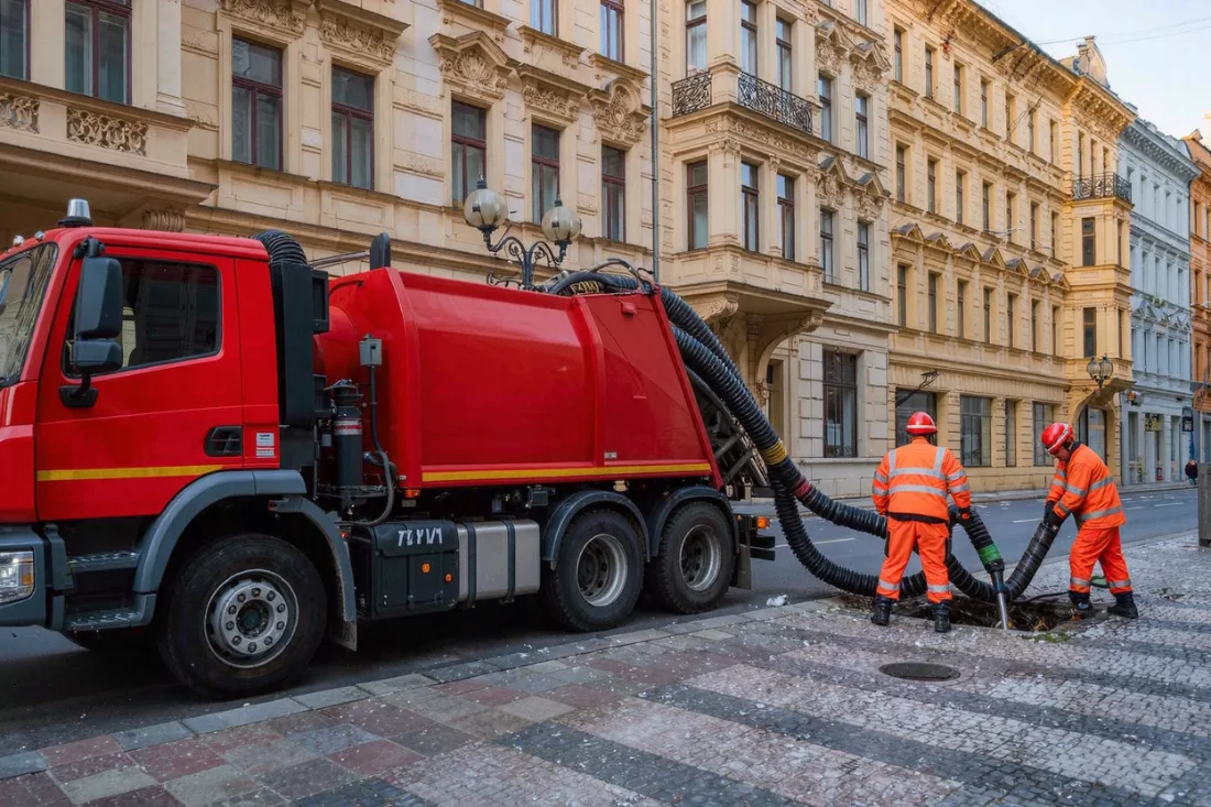 Cisternový vůz pro čištění kanalizace v ulici činžovních domů