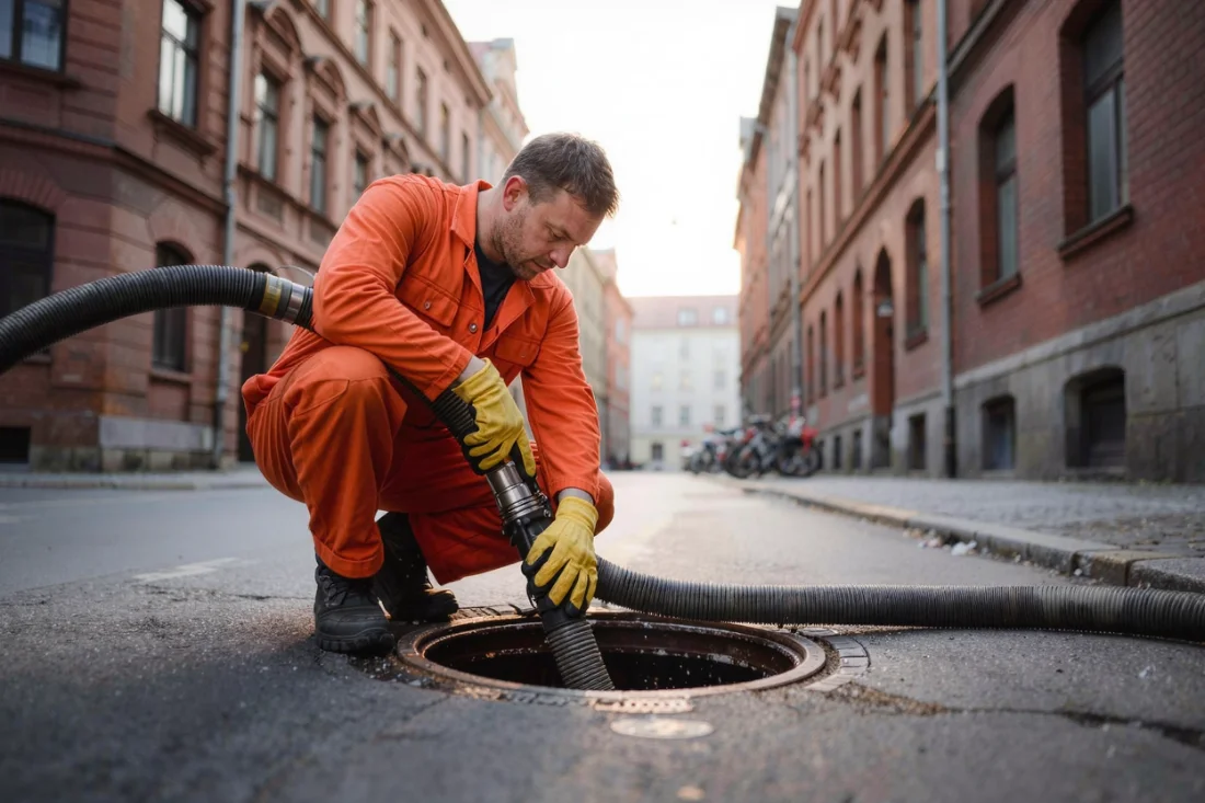 Technik zavádí tlakovou hadici do kanalizační šachty