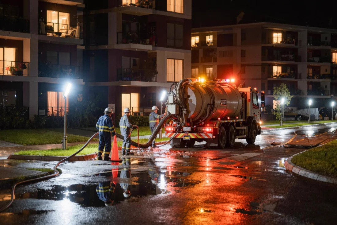 Noční pohotovostní zásah s osvětlením u rezidenčního komplexu