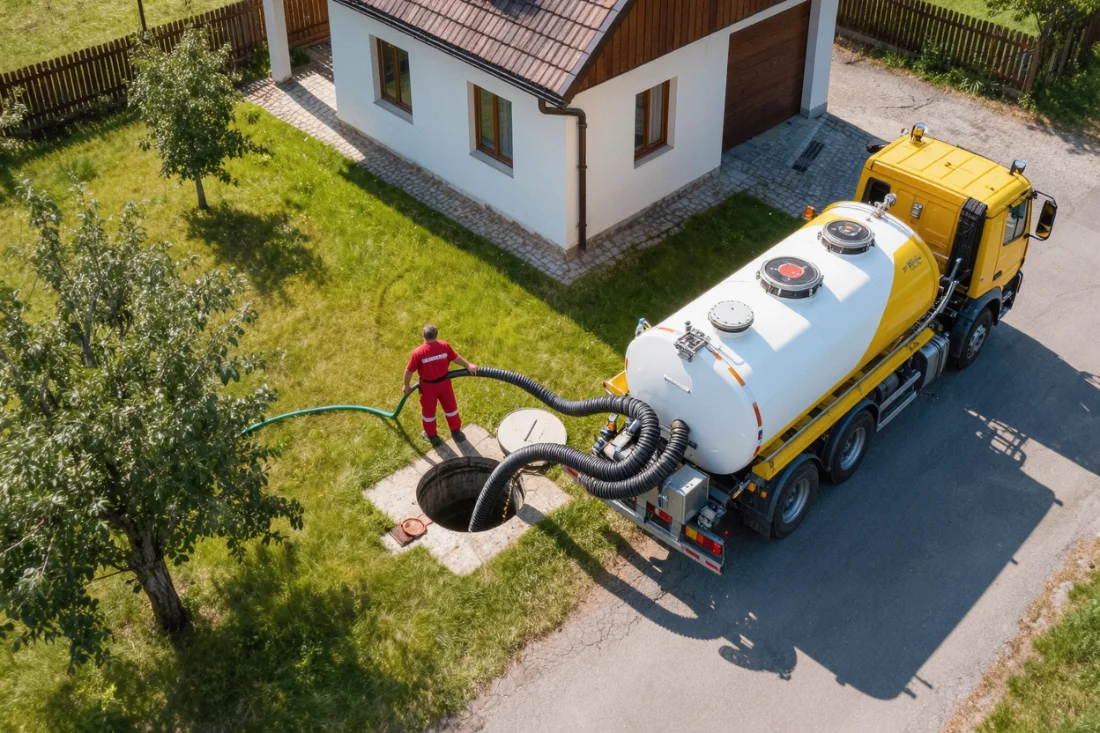 Fekální vůz vyváží jímku u rodinného domu